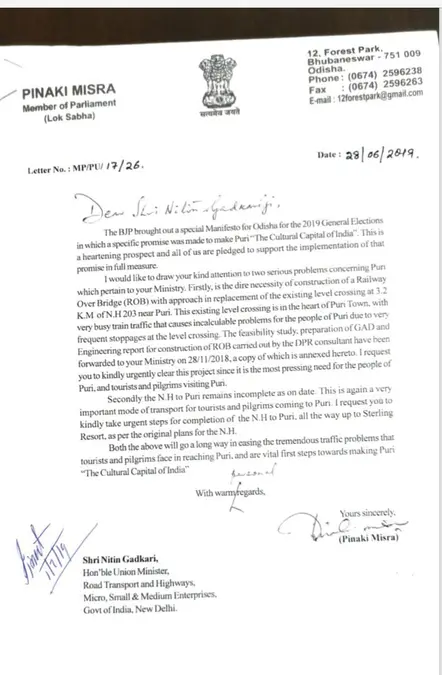 Pinaki Writes Letter to Gadkari for RoB in Puri to Ease Traffic